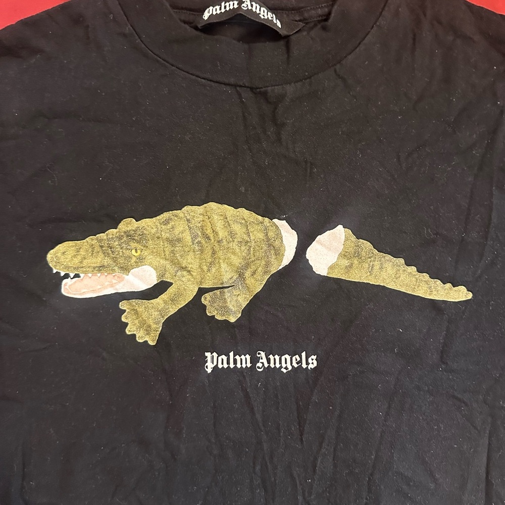 Palm Angels Black Tee with Yellow Crocodile Graphic